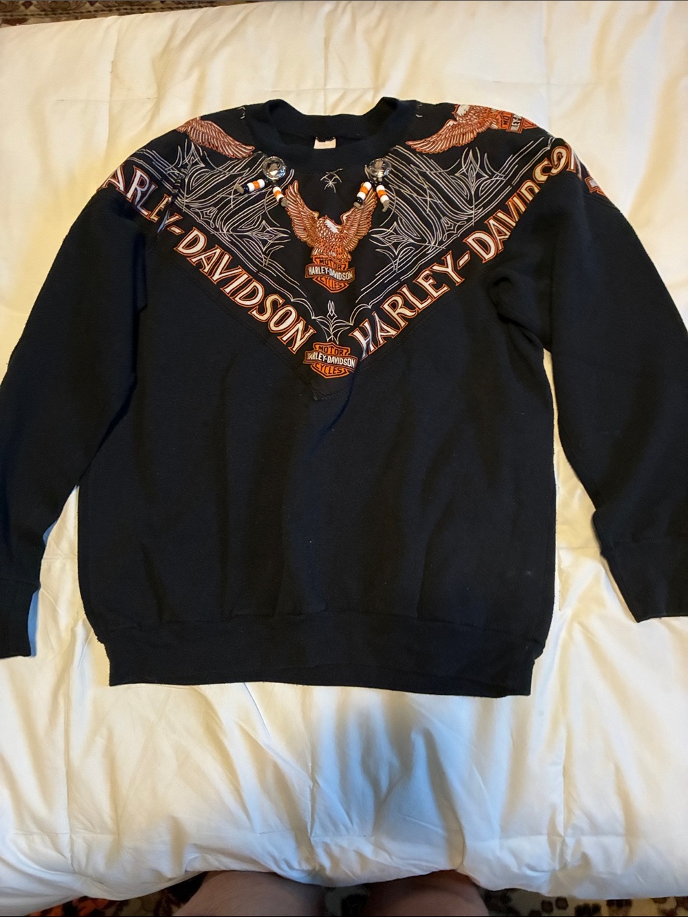 Vintage Harley-Davidson Black Crewneck Sweatshirt with Orange Eagle Graphic